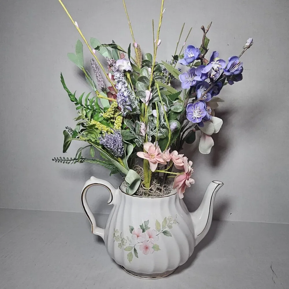 Handmade Artificial Floral Arrangement In Pink Floral Teapot Gold Accent